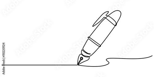 Pen Signature Continuous Line Icon, Continuous one line of fountain pen in silhouette on a white background. Linear stylized.Minimalist, Continuous one line drawing writing pen isolated minimalist.