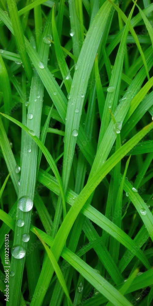 Lush green grass texture with dew drops, plant, spring
