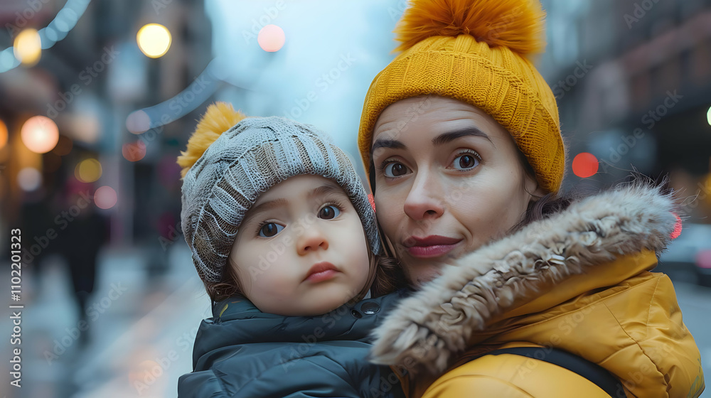Winter City Stroll Realistic Photo: Mother and Child in Knit Hats Winter City Stroll Realistic Photo: Mother and Child in Knit Hats