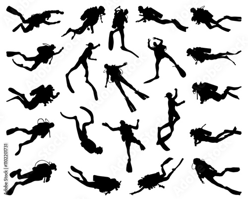 Black silhouette of divers on a white background