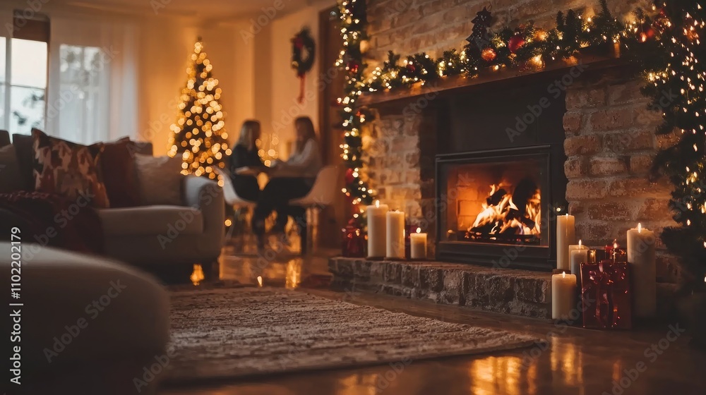 A warm and inviting living room featuring a cozy Christmas fireplace, where family members gather to enjoy the festive atmosphere. A warm and inviting living room featuring a cozy Christmas fireplace, where family members gather to enjoy the festive atmosphere.