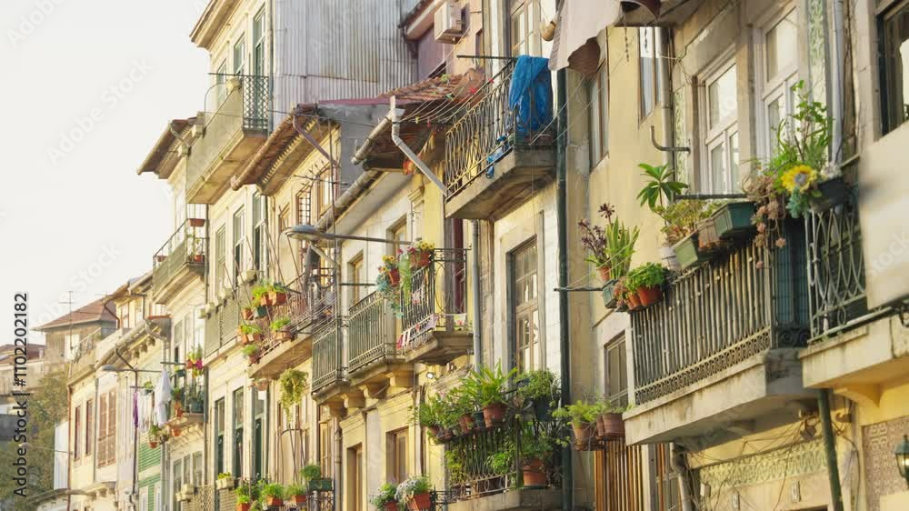 Old medieval style building facades and balconies in Porto city in Portugal. Sunny day in colorful downtown in portuguese famous city. Picturesque azulejos houses with laundry hanging and flower pots
