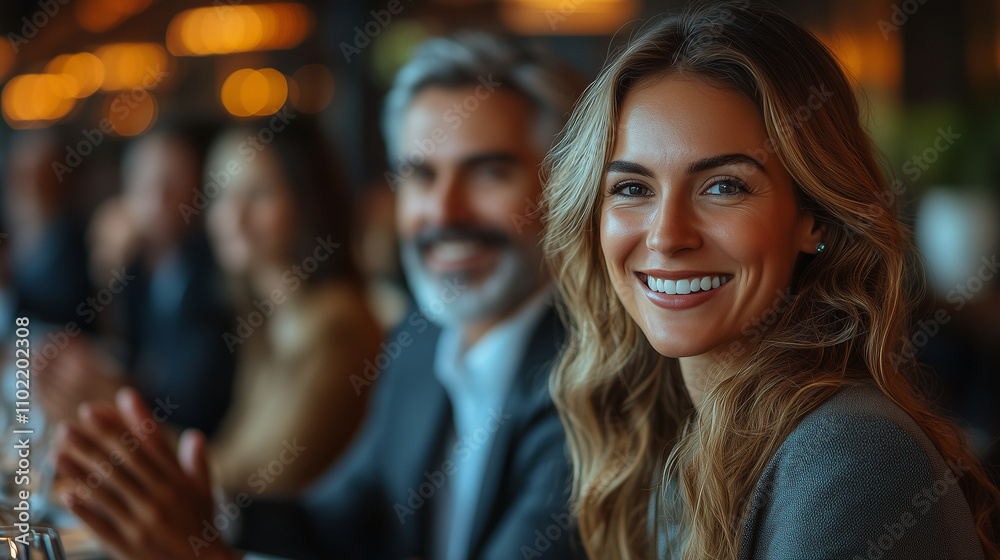 Professionals clapping and smiling after a successful presentation in a chic office setting. Professionals clapping and smiling after a successful presentation in a chic office setting.