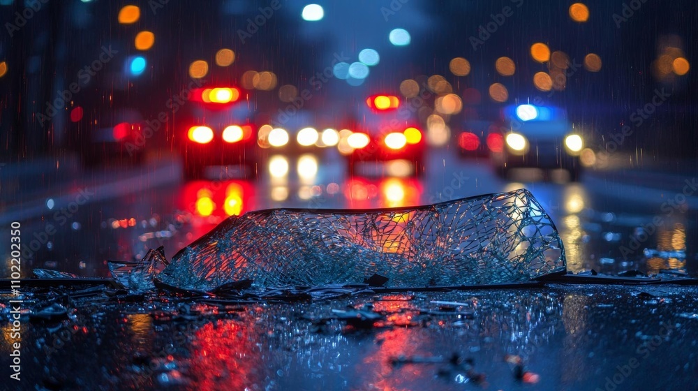 Fototapeta premium Inside shot of broken car windshield glass with police lights in the background. Car accident concept , isolated on white background, , copy space, copy space for text,