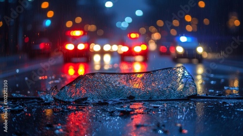 Inside shot of broken car windshield glass with police lights in the background. Car accident concept , isolated on white background,  , copy space, copy space for text,