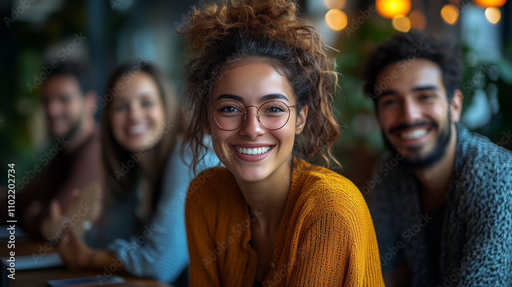 Diverse employees in a team huddle sharing ideas and laughter in a cozy meeting room. Diverse employees in a team huddle sharing ideas and laughter in a cozy meeting room.