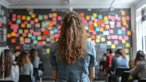 Employees hosting a brainstorming session with colorful sticky notes and vibrant decor.