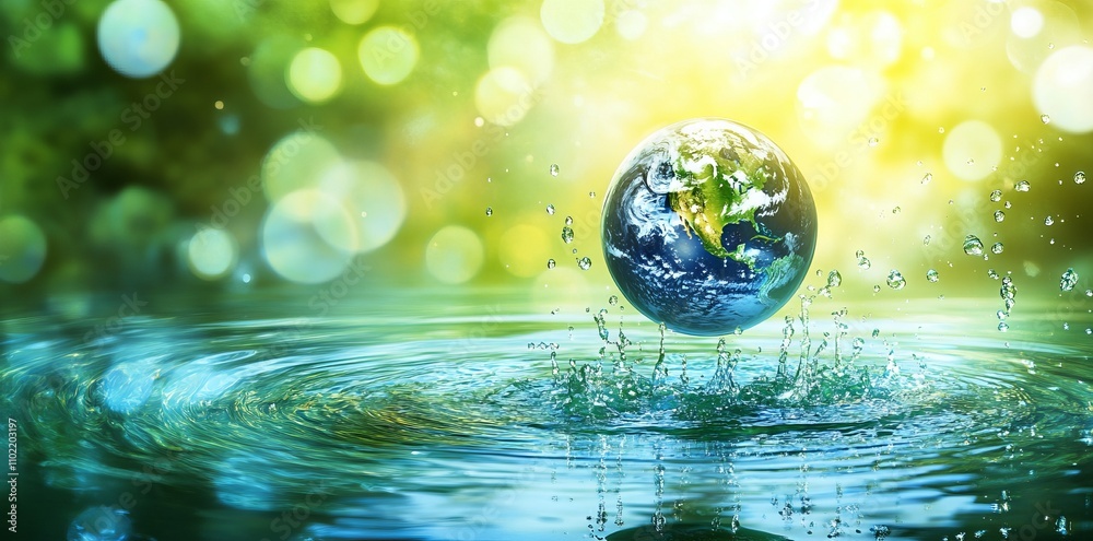 Earth Inside Water Drop with Light Effects and Floating Droplets: Global Environmental Protection Concept. AI generated illustration Earth Inside Water Drop with Light Effects and Floating Droplets: Global Environmental Protection Concept. AI generated illustration