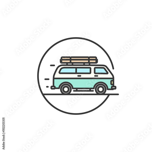 A vintage van with luggage on top, depicted in motion, symbolizes a road trip adventure. The icon's minimalist design and vibrant colors evoke a sense of travel and exploration