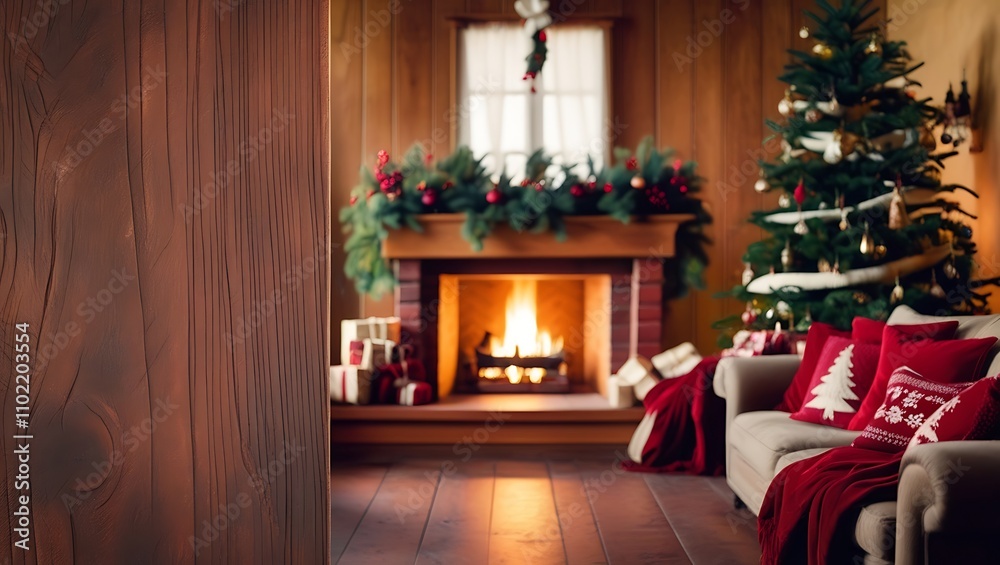 Wooden Table with Christmas and New Year Backdrop Wooden Table with Christmas and New Year Backdrop