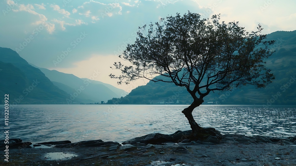 Lonely pine tree on the shore of a lake in mountains Lonely pine tree on the shore of a lake in mountains