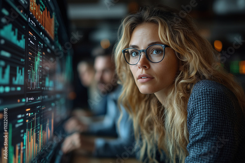 Professionals analyzing revenue trends with futuristic data visualizations in a modern conference room.