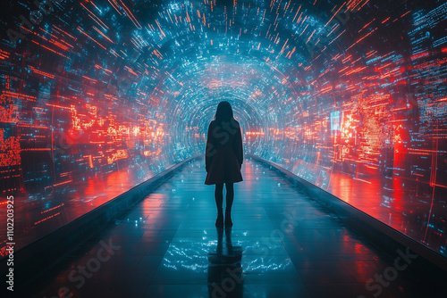 E-commerce leaders unveiling a new strategy on a futuristic stage with holograms.