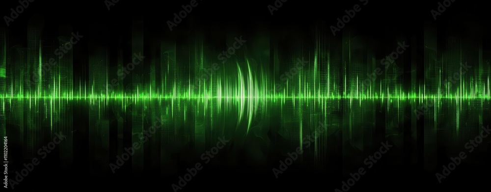 Abstract sound wave visualization in green color, representing audio frequencies. Abstract sound wave visualization in green color, representing audio frequencies.