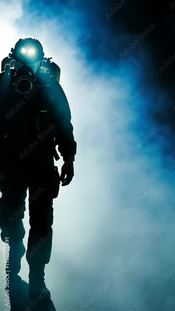 Diver explores underwater depths in a misty environment with luminous gear during a nighttime dive Diver explores underwater depths in a misty environment with luminous gear during a nighttime dive
