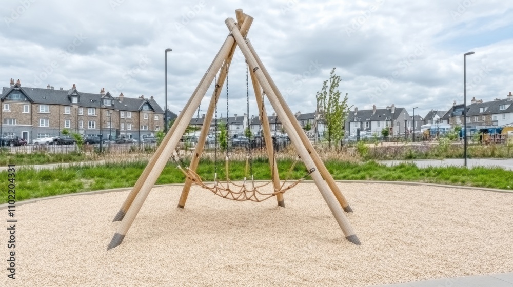 Wooden Play Structure in Urban Neighborhood Park Wooden Play Structure in Urban Neighborhood Park