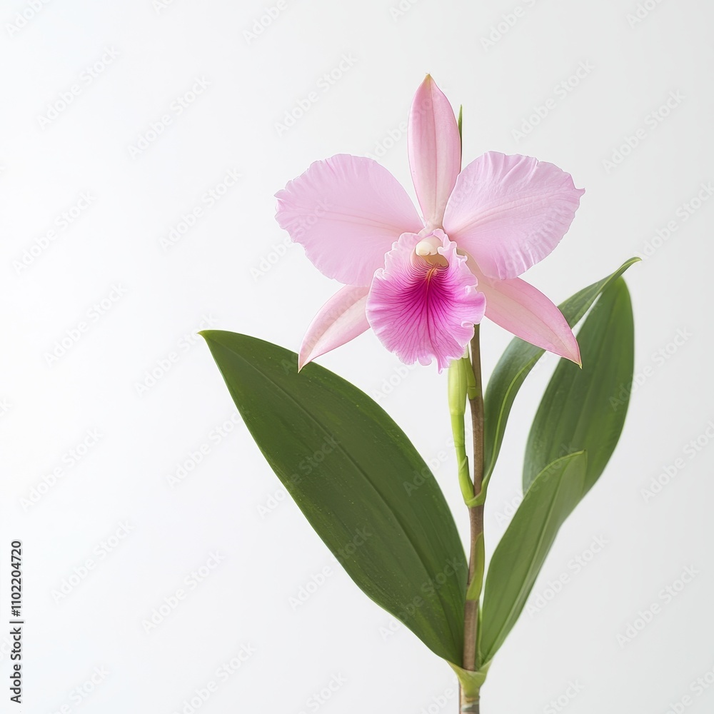 Beautiful Isolated Cattleya Orchid with Soft Pink Petals and Green Leaves on a White Background Beautiful Isolated Cattleya Orchid with Soft Pink Petals and Green Leaves on a White Background
