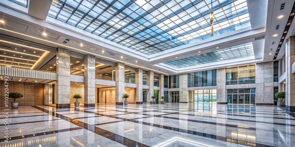 Modern Lobby with Glass Ceiling and Polished Marble Flooring, a Luxurious Interior Design Concept Modern Lobby with Glass Ceiling and Polished Marble Flooring, a Luxurious Interior Design Concept