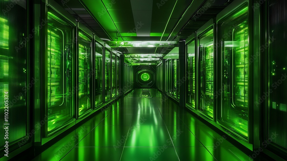 Fototapeta premium Futuristic Green Data Center with Glowing Machines - AI generated illustration