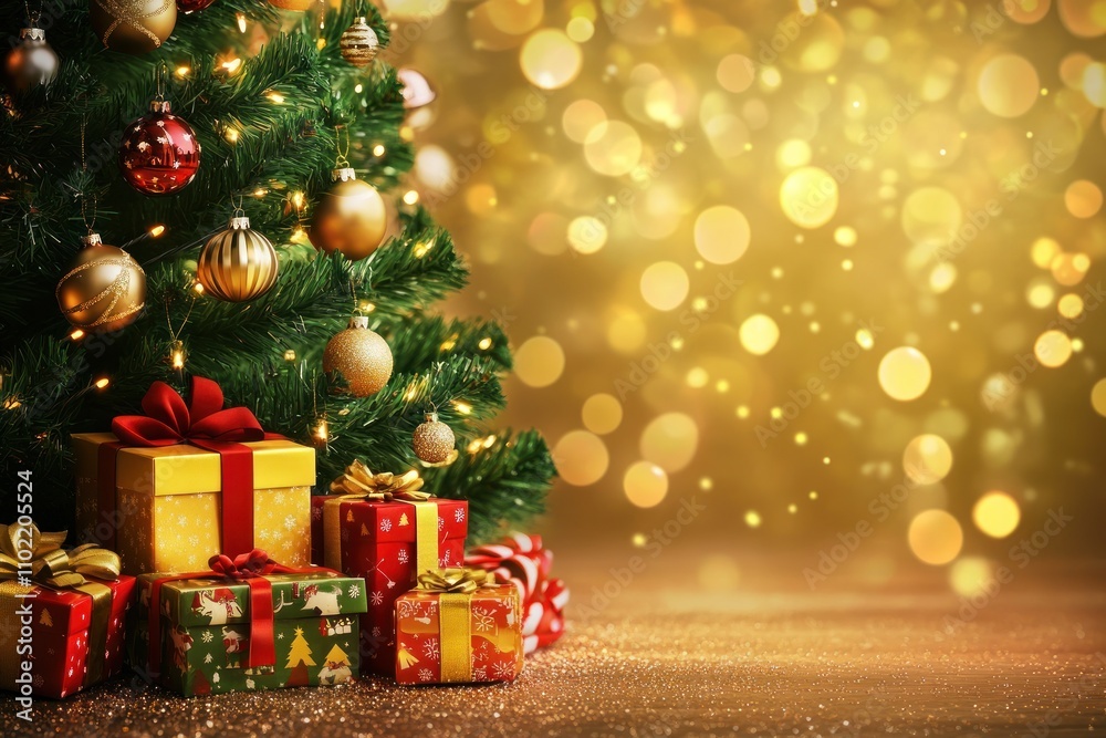 A decorated Christmas tree with presents underneath, set against a bokeh background. A decorated Christmas tree with presents underneath, set against a bokeh background.