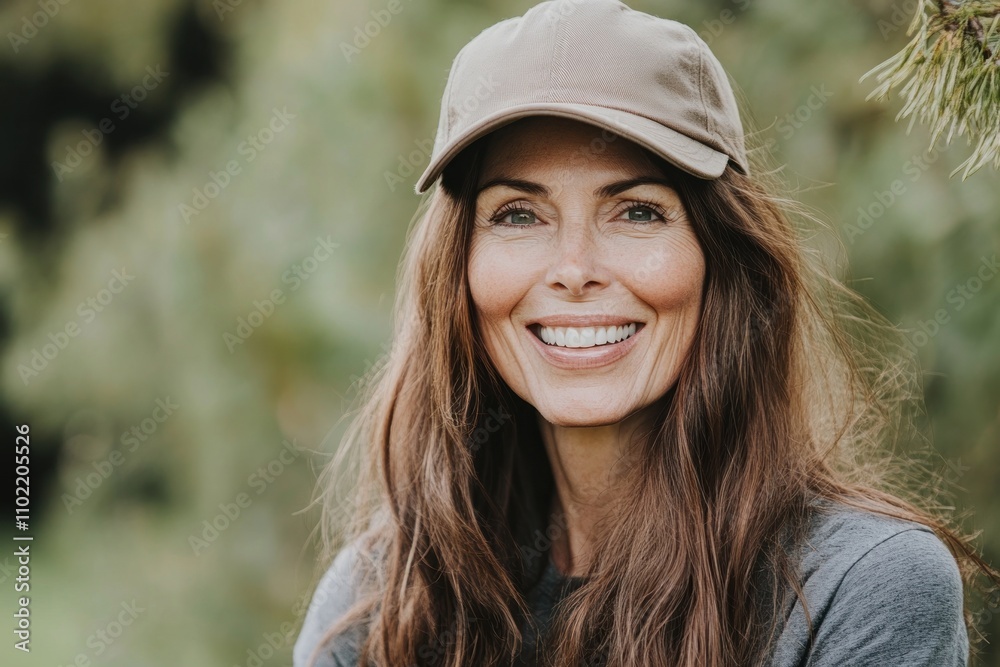 A young woman with long brown hair and a warm smile wearing a baseball cap. A young woman with long brown hair and a warm smile wearing a baseball cap.