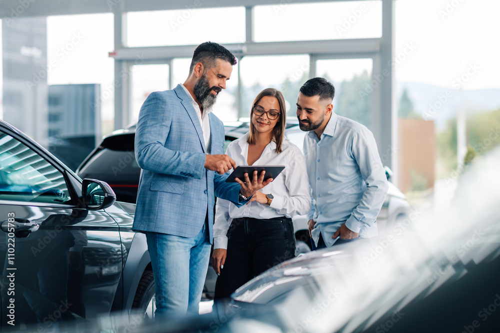 Interactive teamwork with tablet among cars in dealership. Interactive teamwork with tablet among cars in dealership.