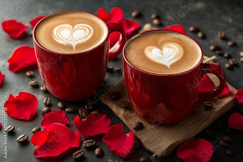 Romantic Valentine's Day vibe with two red cappuccino cups, heart-shaped latte art, scattered petals, and coffee beans on a dark table.






 photo