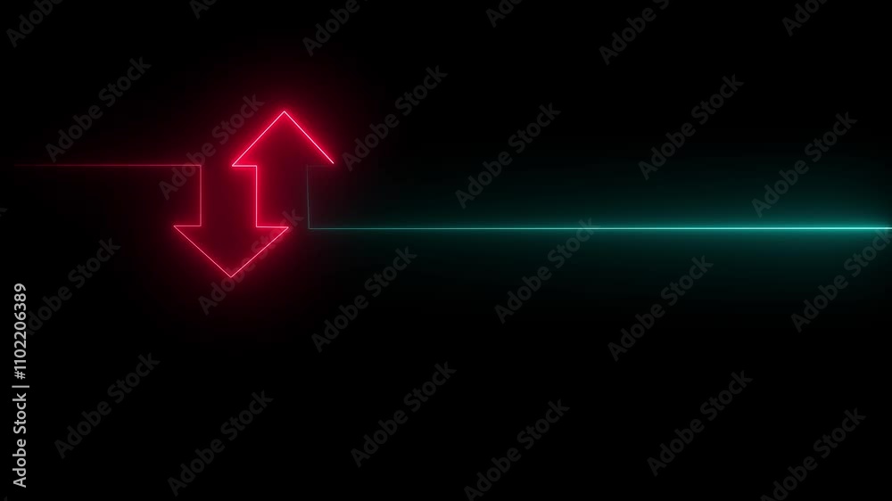 Glowing neon line icon and up down arrow isolated on transparent black background. sign icon and up down arrow isolated on transparent background.