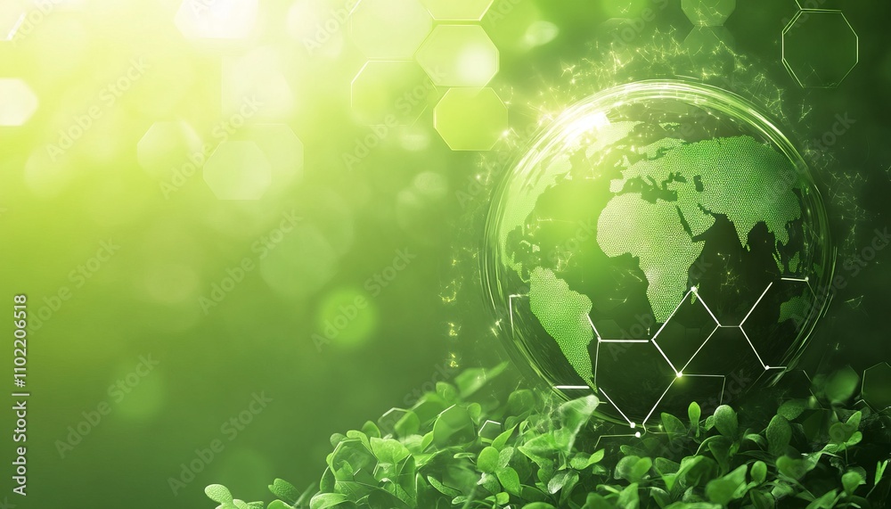 Eco-Friendly Technology Symbols and Globe on Green Background. AI generated illustration Eco-Friendly Technology Symbols and Globe on Green Background. AI generated illustration
