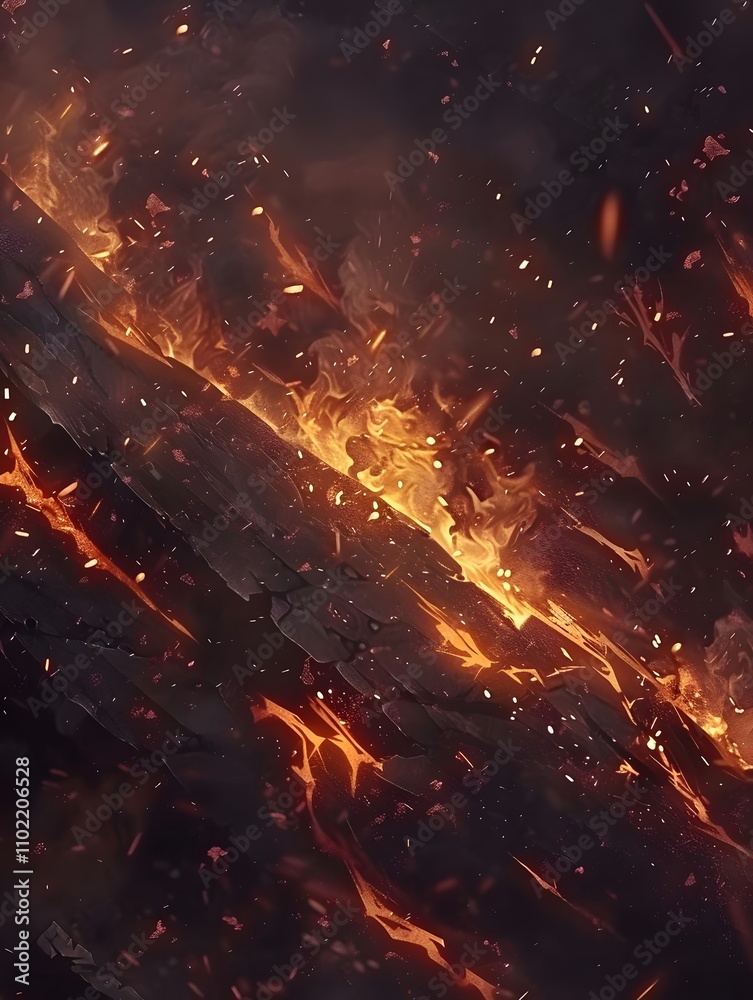 A dramatic depiction of molten lava flowing across a dark, rocky surface. A dramatic depiction of molten lava flowing across a dark, rocky surface.