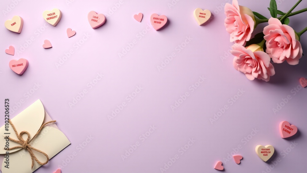 Valentine's Day setting featuring a white envelope sealed with a heart candy, surrounded by pink hearts and a delicate rose bouquet on a pastel background. Perfect for love-inspired designs. Valentine's Day setting featuring a white envelope sealed with a heart candy, surrounded by pink hearts and a delicate rose bouquet on a pastel background. Perfect for love-inspired designs.