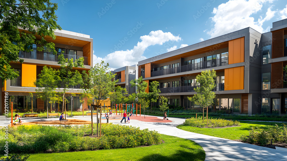 Modern Affordable Housing Community with Green Spaces and Family-Friendly Amenities Modern Affordable Housing Community with Green Spaces and Family-Friendly Amenities