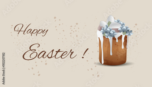 Horizontal Christmas card with kulich, cupcake. Decorated with flowers and Easter eggs Vector illustration