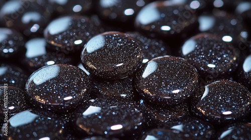 Close-up of glossy black pebbles with sparkling texture offering a sleek aesthetic photo