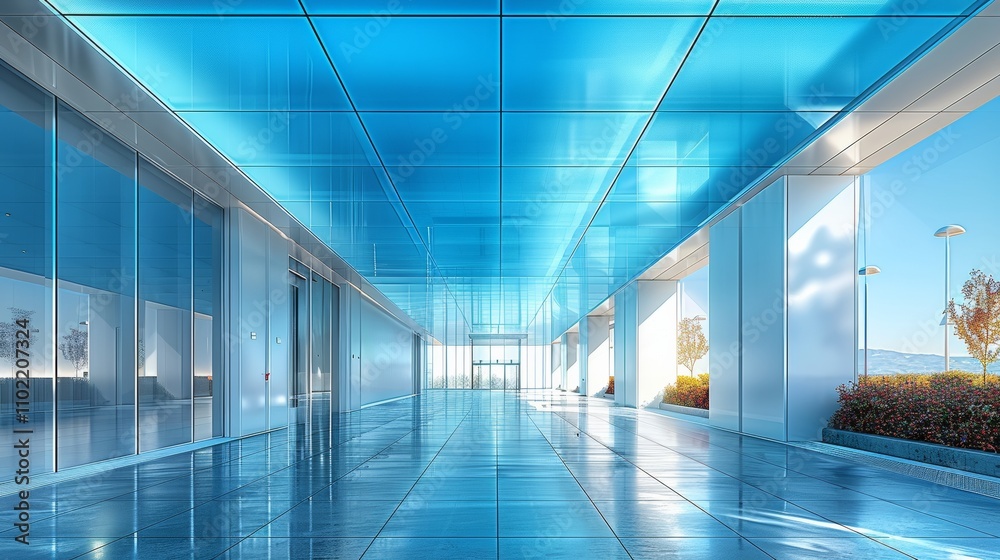 The minimalist architecture of this hallway, with glass walls and a soft blue ceiling, creates a bright, open atmosphere full of light and space. The minimalist architecture of this hallway, with glass walls and a soft blue ceiling, creates a bright, open atmosphere full of light and space.