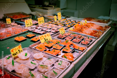 Fotografie Aomori Gyosai Center fish market, Sashimi seafood, Aomori Nokke don with salmon, akami, chutoro, otoro, octopus, sweet shrimp or uni