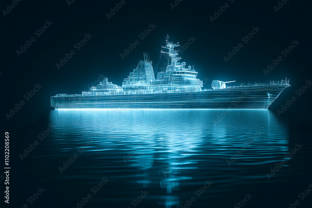 Fototapeta premium A futuristic digital blueprint of a battleship over calm waters, glowing in neon blue light, representing advanced naval technology and innovation in marine engineering