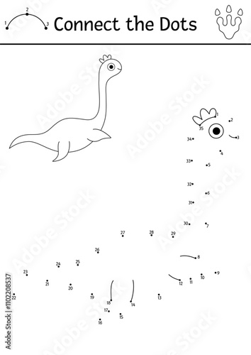 Vector black and white dot-to-dot and color activity with plesiosaur. Dinosaur connect the dots game, coloring page. What join the dot printable worksheet with plesiosaurus. Prehistoric line puzzle