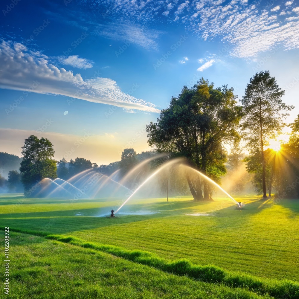 Sunrise Sprinklers on a Lush Golf Course with Trees and Blue Sky Sunrise Sprinklers on a Lush Golf Course with Trees and Blue Sky