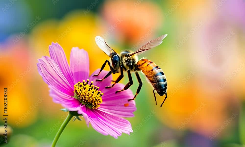 Beautiful close-up of bees pollinating a vibrant pink flower with a colorful blurred background, showcasing the importance of nature and pollination in ecosystems.