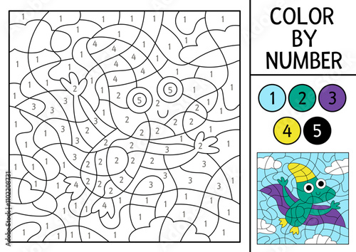 Vector dinosaur color by number activity with little baby pterosaur. Prehistoric landscape scene. Black and white counting game with ancient animal. Coloring page, mosaic painting for kids