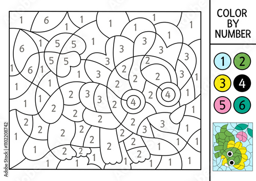 Vector dinosaur color by number activity with little baby triceratops. Prehistoric landscape scene. Black and white counting game with ancient animal. Coloring page, mosaic painting for kids