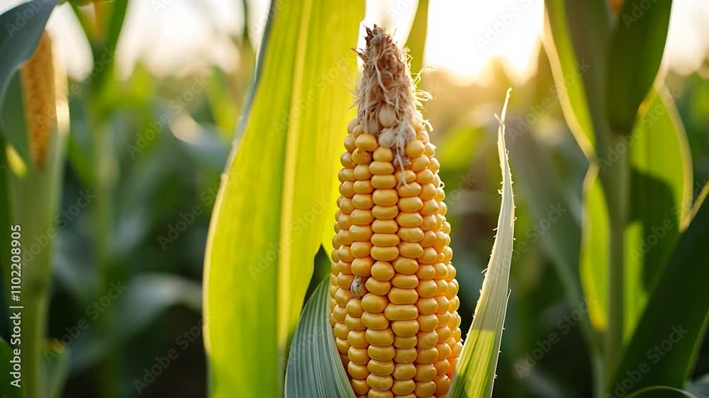 Ripe Ear of Corn in a Field at Sunset