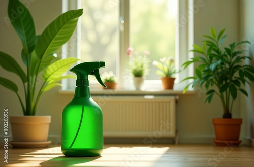 green sprayer on the background of house plants, home decor, sunlight from the window
