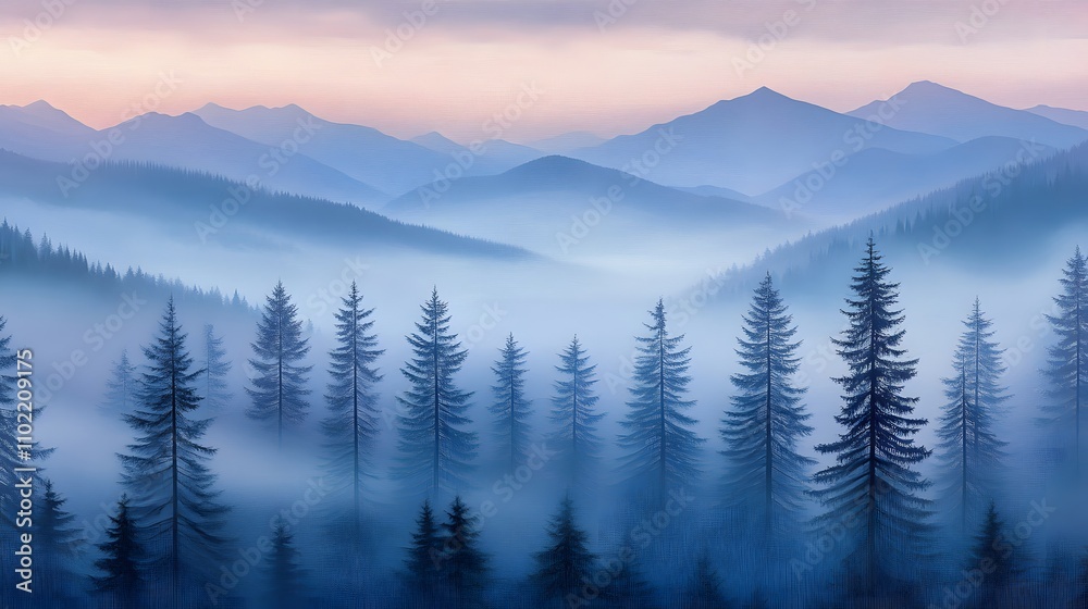 Obraz premium Serene Misty Mountains And Evergreens At Dawn