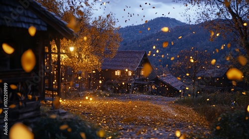 A tranquil evening in a cozy village aglow with golden lights and falling leaves under a serene twilight sky.