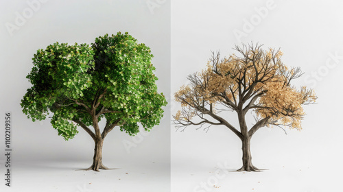 comparison of two trees on a white background, one with healthy green foliage, the second dry sprinkled with poor health, the concept of prosperity and poverty