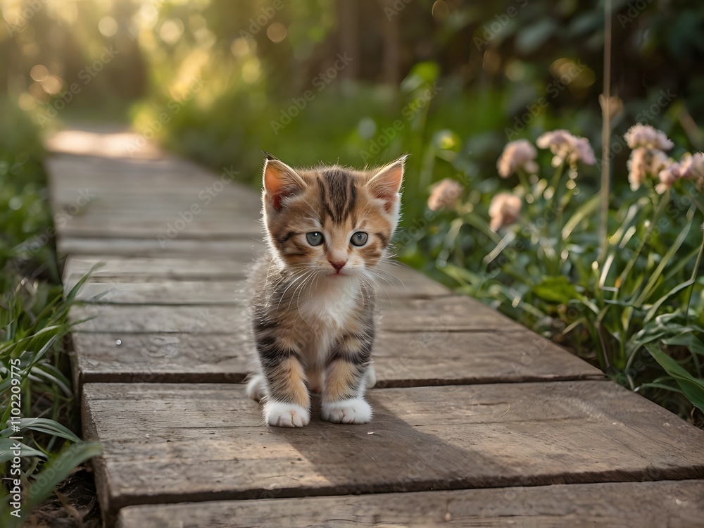 A cute, young domestic feline, a kitten, looks curiously at the camera while sitting on the lush green grass in a sunny garden A cute, young domestic feline, a kitten, looks curiously at the camera while sitting on the lush green grass in a sunny garden