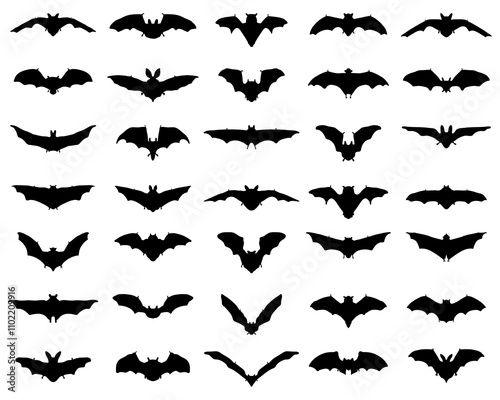 Black silhouettes of bats on a white background		