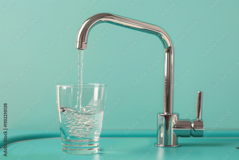 Drinking water is drawn from a metal mixer tap into a glass glass on a stem, on a green background, for banner and advertising. Drinking water is drawn from a metal mixer tap into a glass glass on a stem, on a green background, for banner and advertising.